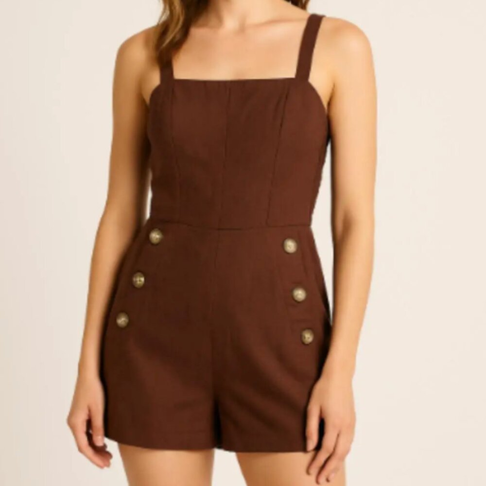 New Women’s Brown Linen Blend Button Front Romper Size M